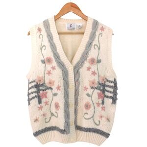 Vintage Embroidered Floral Sweater Vest Button Up Cottagecore Granny Size Medium
